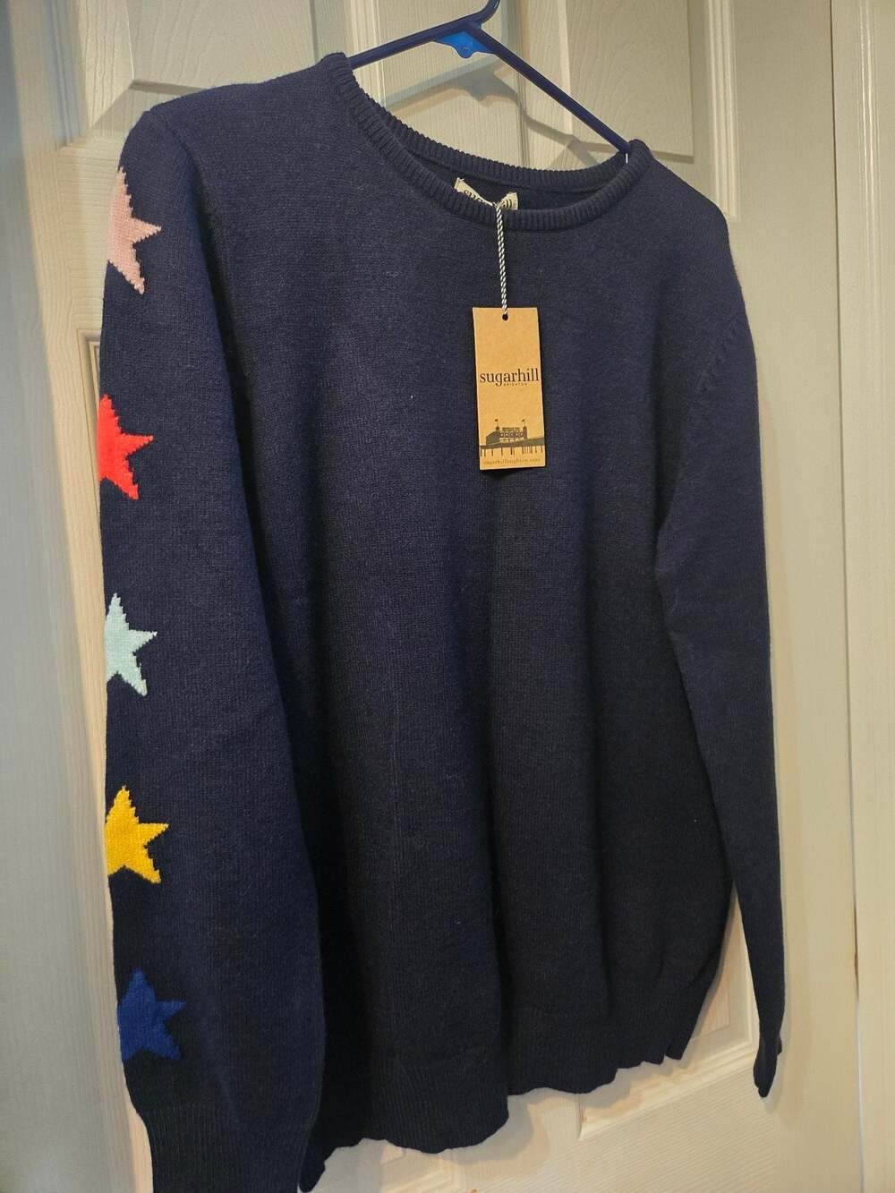 Sugarhill Brighton Stacey Star Sleeve Crewneck Sweater in Navy Multi